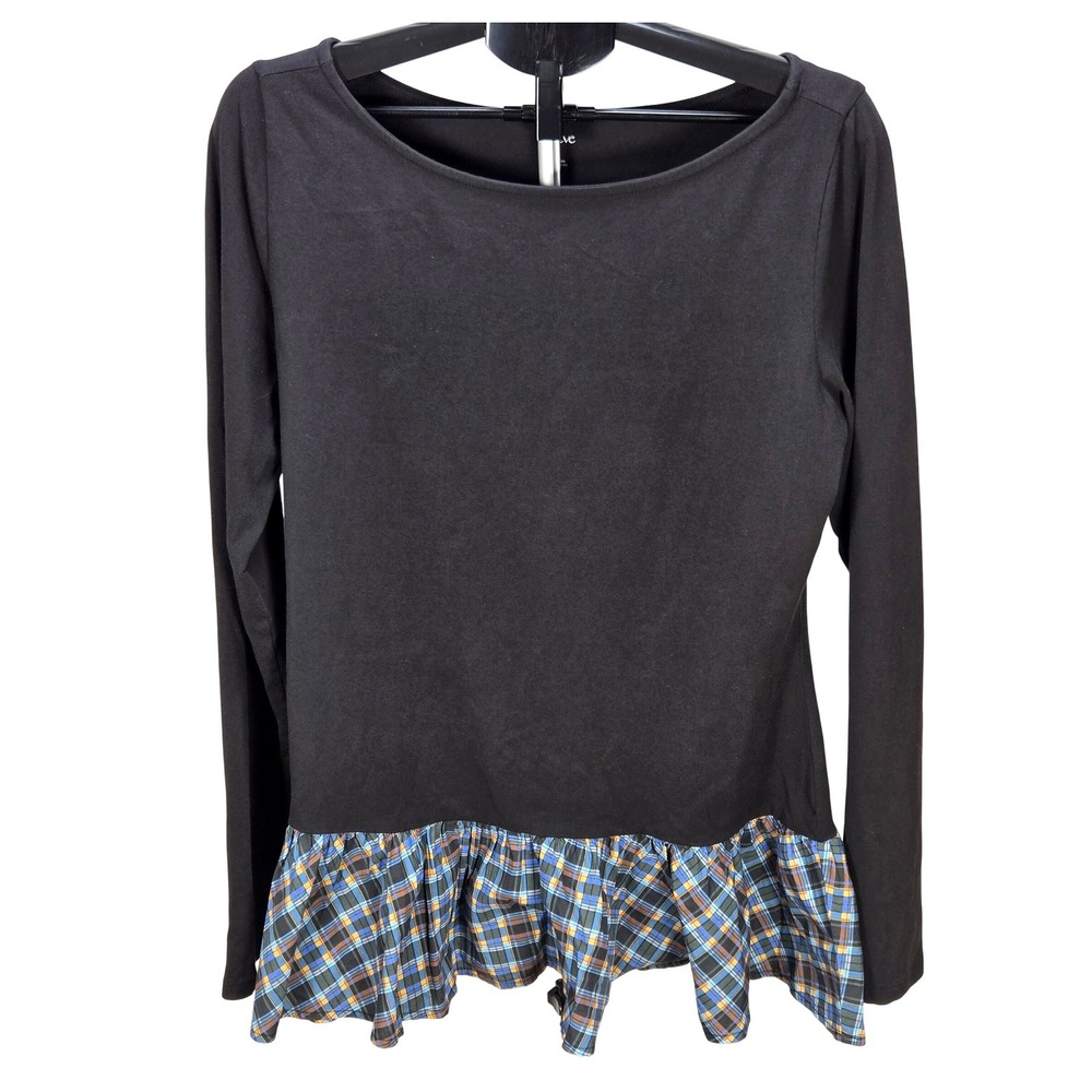 Women's Maeve Anthropologie XL Black Long Sleeve Plaid Ruffle Hem Top Academia